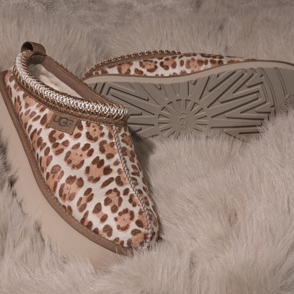 UGG Women’s Leopard Print Cozy Slip-Ons in Brown and White
